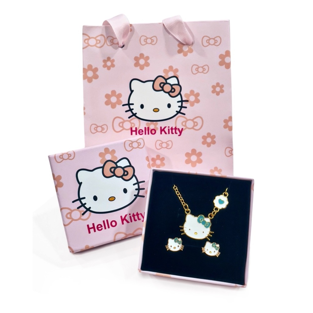 HELLO KITTY Green-Blue Bow Necklace & Earrings Set with Gift Box/Bag NWOT